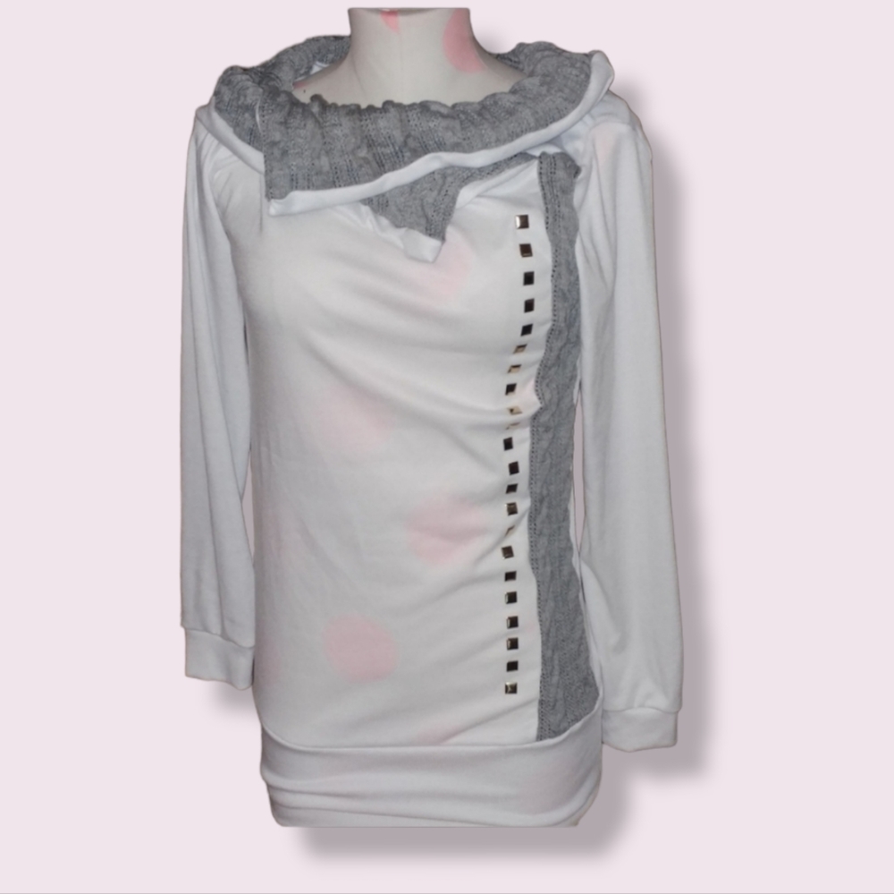 NEW 《 Boutique 》Tunic Cowl Neck Cable Knit Chunky White Gray Studded Sweater XL